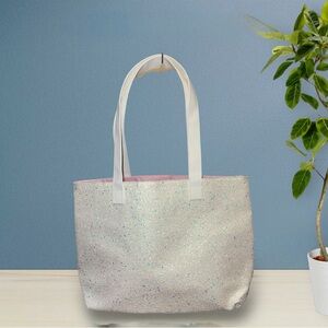 Clinique White Pink Sparkly Tote Beach Weekender Travel Bag NWOT Faux Leather